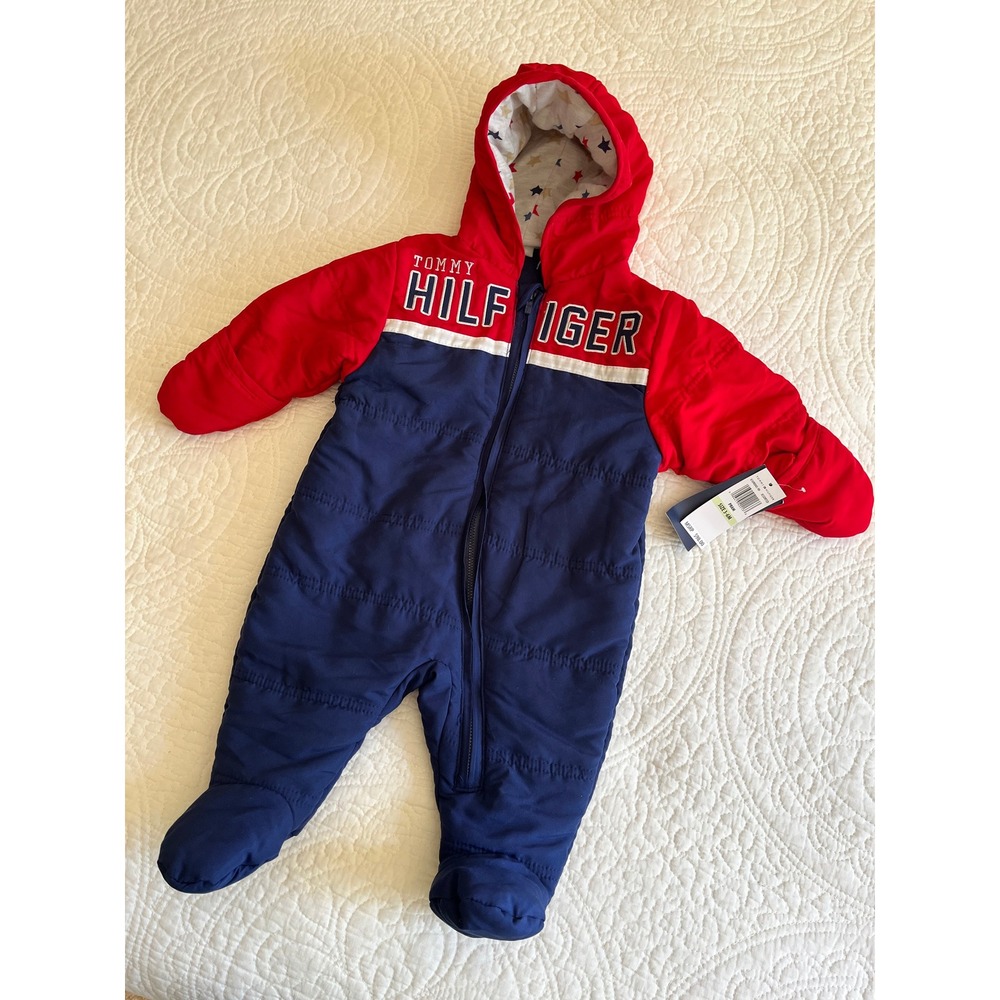 Tommy Hilfiger Baby Pram Suit Red Navy Blue Hooded Bunting 3-6M NEW